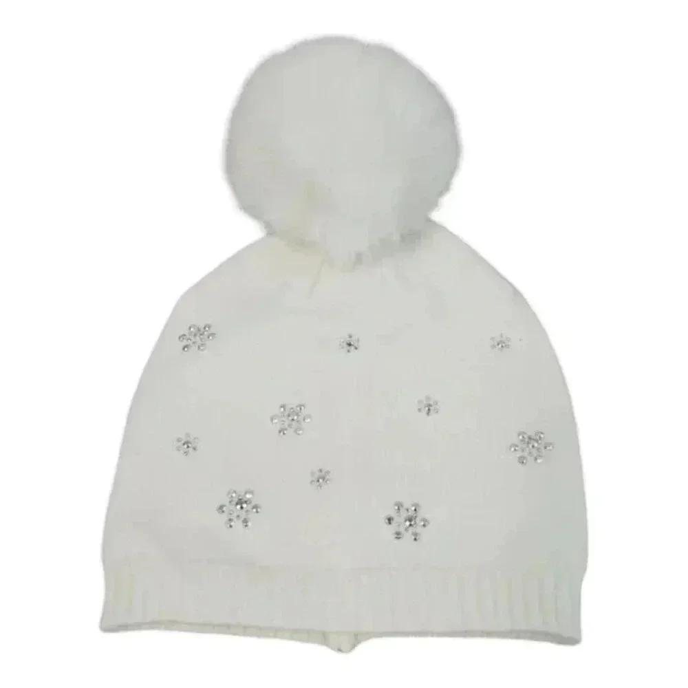 Girls White/Cream Sparkly Snowflake Knit Hat Beanie with Fingerless Glove set